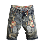 Men's Ripped Denim Shorts with Patchwork