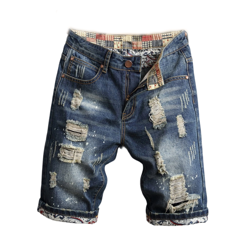 Men's Ripped Denim Shorts with Patchwork