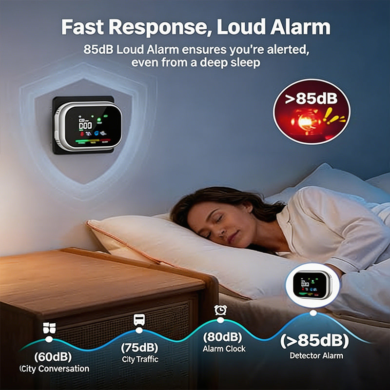 📢6-in-1 Air Quality Detector 🛡️ – Carbon Monoxide, Combustible Gas & Smoke Alarm, LCD Display, Magnetic, Battery Backup – Home & Caravan Safety