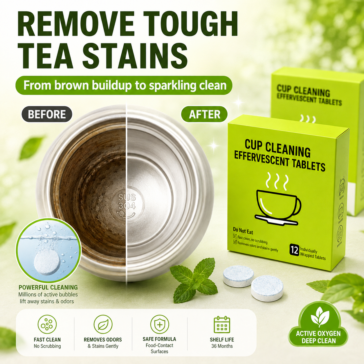 📢📢50% OFF !! ⏰12-Pack Active Oxygen Cup Cleaning Effervescent Tablets