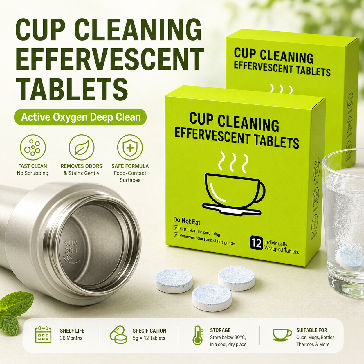 📢📢50% OFF !! ⏰12-Pack Active Oxygen Cup Cleaning Effervescent Tablets