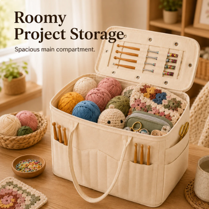 Knitting & Crochet Yarn Organizer Bag | Canvas Tangle-Free Storage with Needle Pockets
