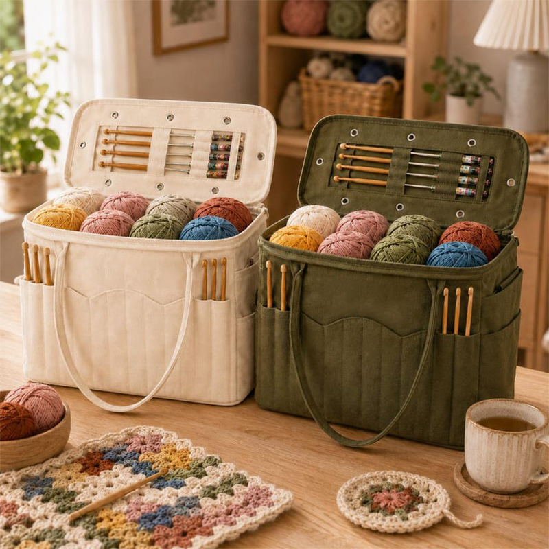 Knitting & Crochet Yarn Organizer Bag | Canvas Tangle-Free Storage with Needle Pockets