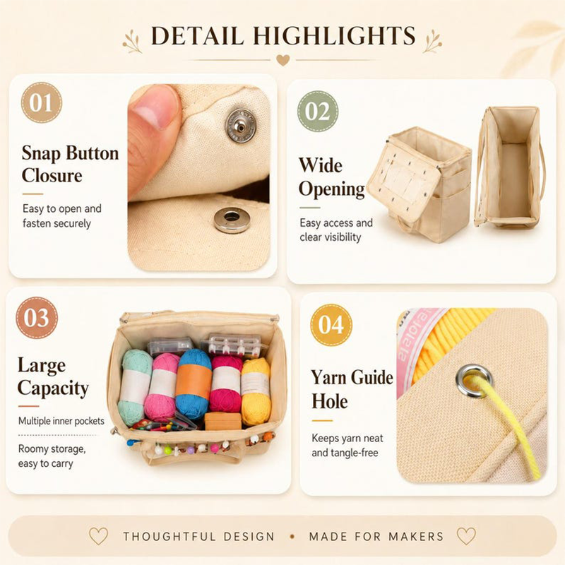 Knitting & Crochet Yarn Organizer Bag | Canvas Tangle-Free Storage with Needle Pockets