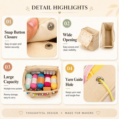 Knitting & Crochet Yarn Organizer Bag | Canvas Tangle-Free Storage with Needle Pockets