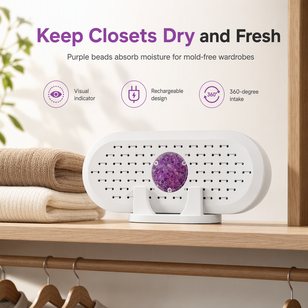 Mini Reusable Household Dehumidifier — Silica Gel Moisture Absorber for Closets, Wardrobes, Drawers & Bathrooms, Visual Color-Indicator, USB Rechargeable, Eco-Friendly, White