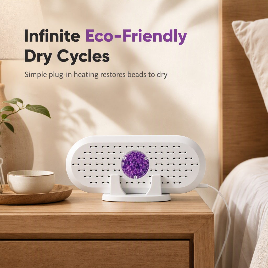 Mini Reusable Household Dehumidifier — Silica Gel Moisture Absorber for Closets, Wardrobes, Drawers & Bathrooms, Visual Color-Indicator, USB Rechargeable, Eco-Friendly, White