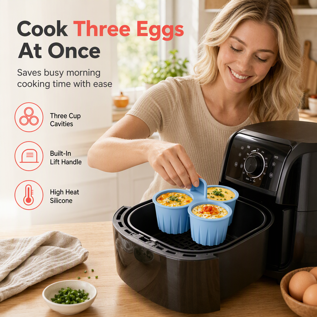 🍲3-Cavity Silicone Air Fryer Egg Mold | Non-Stick Food Grade with Lift Tab for Oven & Steamer
