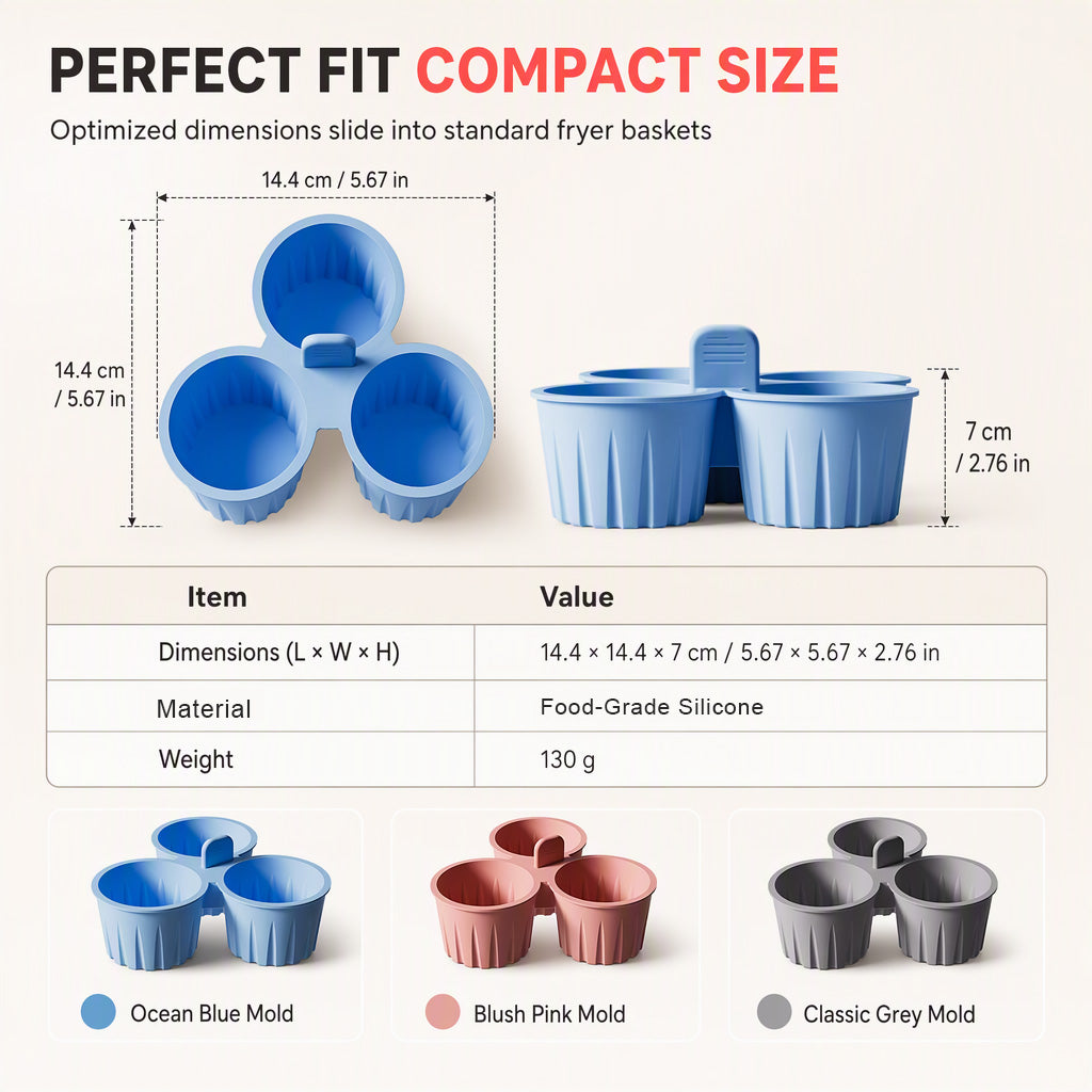 🍲3-Cavity Silicone Air Fryer Egg Mold | Non-Stick Food Grade with Lift Tab for Oven & Steamer