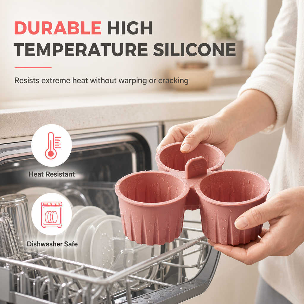 🍲3-Cavity Silicone Air Fryer Egg Mold | Non-Stick Food Grade with Lift Tab for Oven & Steamer
