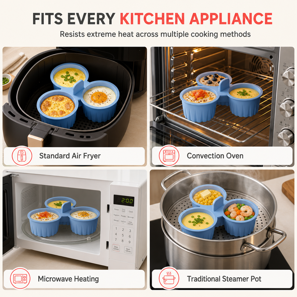 🍲3-Cavity Silicone Air Fryer Egg Mold | Non-Stick Food Grade with Lift Tab for Oven & Steamer