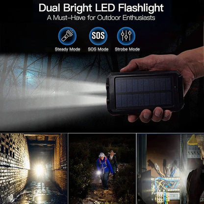 🔋Solar Power Bank with LED Flashlight & Compass | IPX4 Waterproof Portable Solar Charger for Camping, Hiking & Emergency