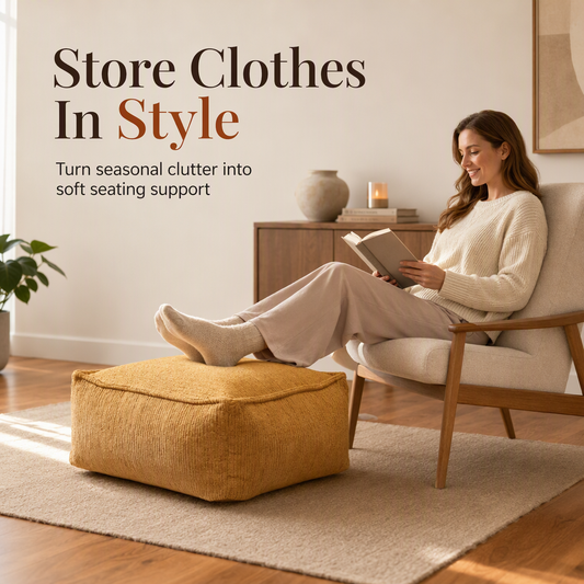 Unstuffed Square Pouf Cover | Storage Ottoman Slipcover for Living Room, Bedroom & Clothes Storage, Washable 45x45x23cm