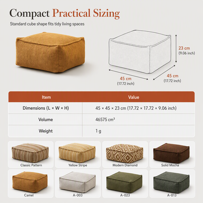 Unstuffed Square Pouf Cover | Storage Ottoman Slipcover for Living Room, Bedroom & Clothes Storage, Washable 45x45x23cm