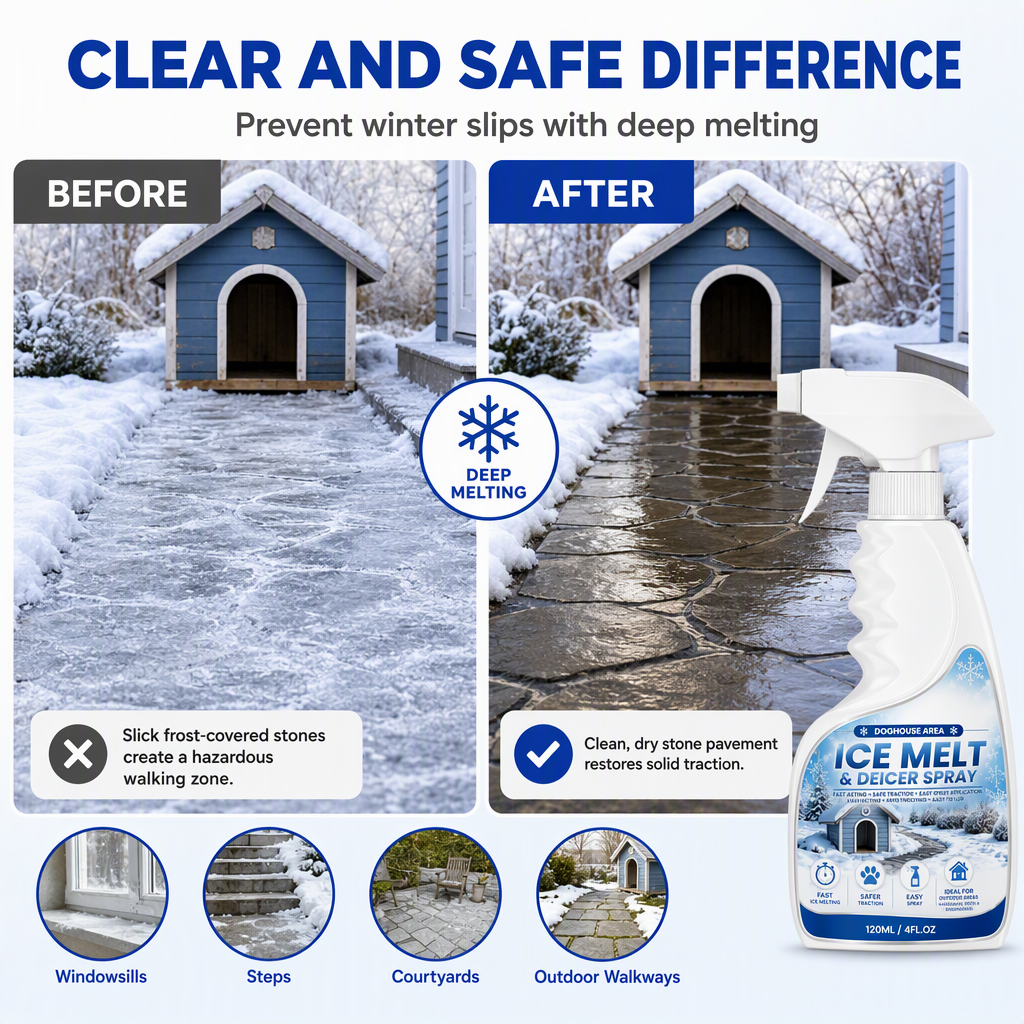🧊Outdoor De-Icer Spray for Slippery Steps, Walkways, Patios & Kennel Entries — Pet-Safe Snow Melter, Fast-Acting, Safe for Dog Paws, 120ml