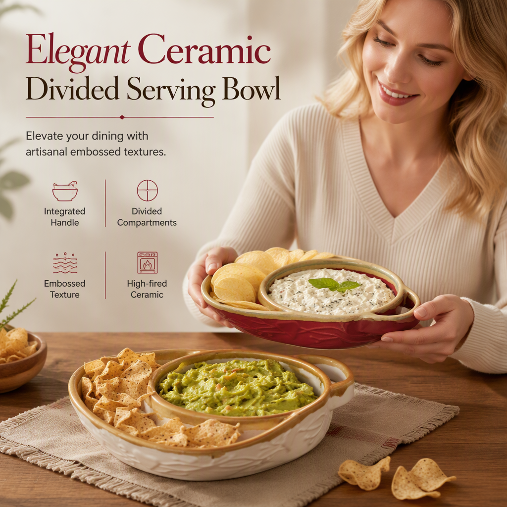 Retro Embossed Ceramic Divided Baking & Serving Dish | Single Handle, Oven & Dishwasher Safe for Meals, Dips & Holiday Gatherings