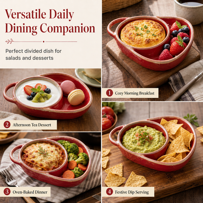 Retro Embossed Ceramic Divided Baking & Serving Dish | Single Handle, Oven & Dishwasher Safe for Meals, Dips & Holiday Gatherings