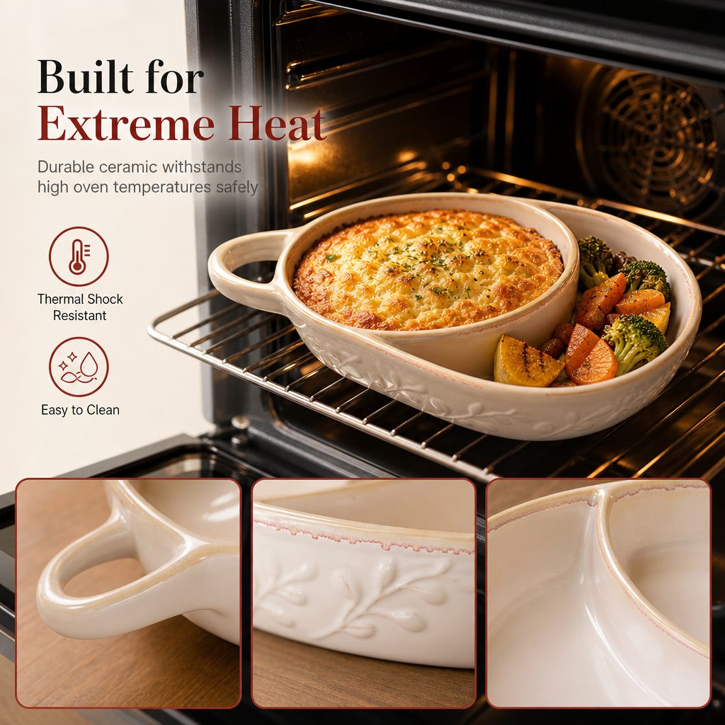 Retro Embossed Ceramic Divided Baking & Serving Dish | Single Handle, Oven & Dishwasher Safe for Meals, Dips & Holiday Gatherings