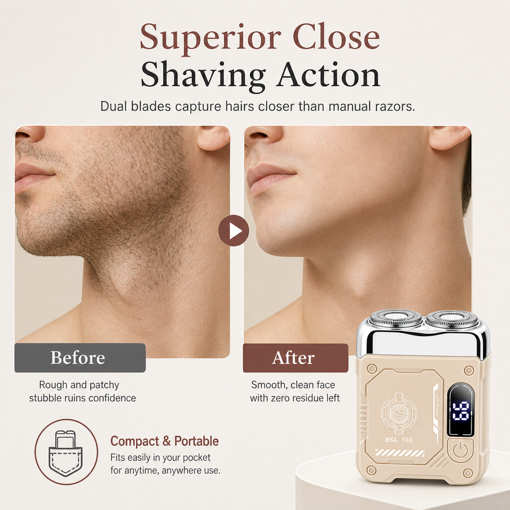 Mini Pocket Electric Shaver for Men | Dual Floating Head Razor with LED Display, Type-C Charge & Wet Dry Use