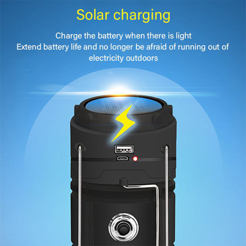 2-in-1 Solar Camping Lantern & Flashlight | Retractable Rechargeable Tent Light with USB Charging, Waterproof for Hiking & Emergencies