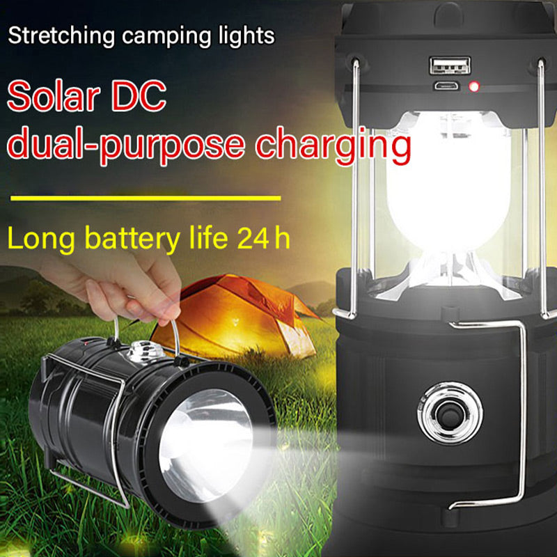 2-in-1 Solar Camping Lantern & Flashlight | Retractable Rechargeable Tent Light with USB Charging, Waterproof for Hiking & Emergencies