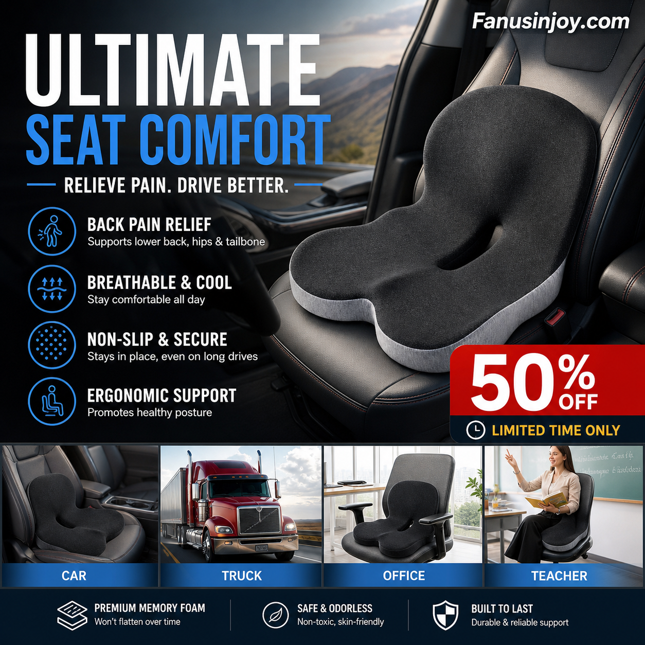 💥50% OFF !!!⏰Non-Slip Memory Foam Seat Cushion – Sciatica Relief, Breathable Mesh & Universal Fit for Car, Office & Wheelchair
